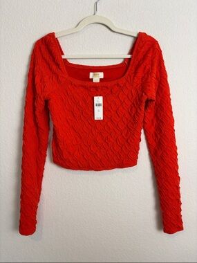Maeve Anthropologie Rouge Red Textured Popcorn Long Sleeve Crop Top Women’s XS